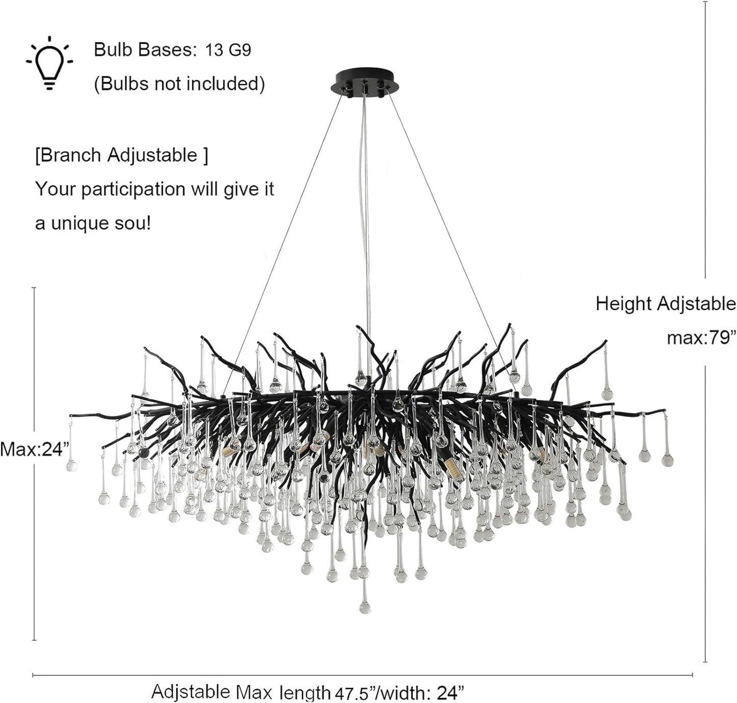 Modern Chandelier 47 in. 13-Lights Black Luxury Crystal Globe Linear Chandelier for Dining Room, Kitchen Island, Foyer