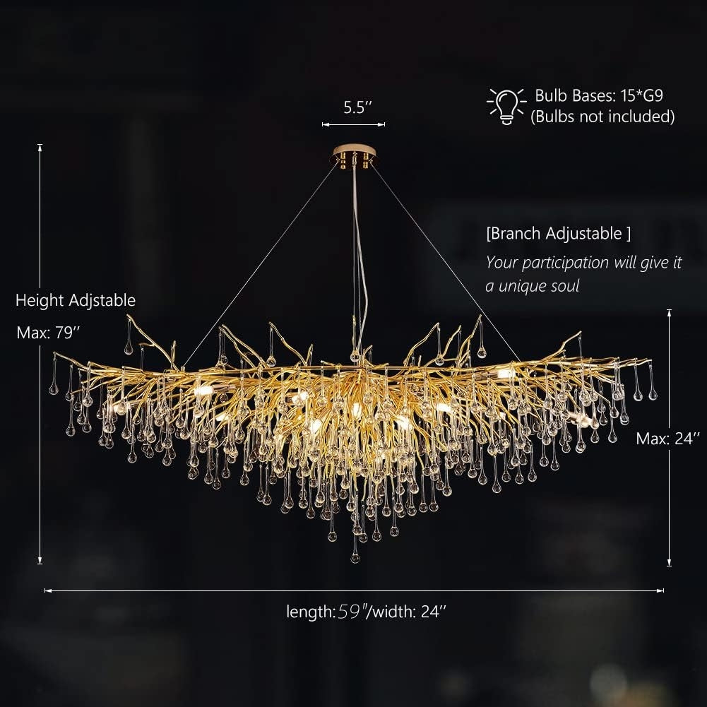 15-Lights Gold Luxury Crystal Chandelier, Modern Frosted Tree Branch Chandelier for Living Room, Dinning Room, Kitchen