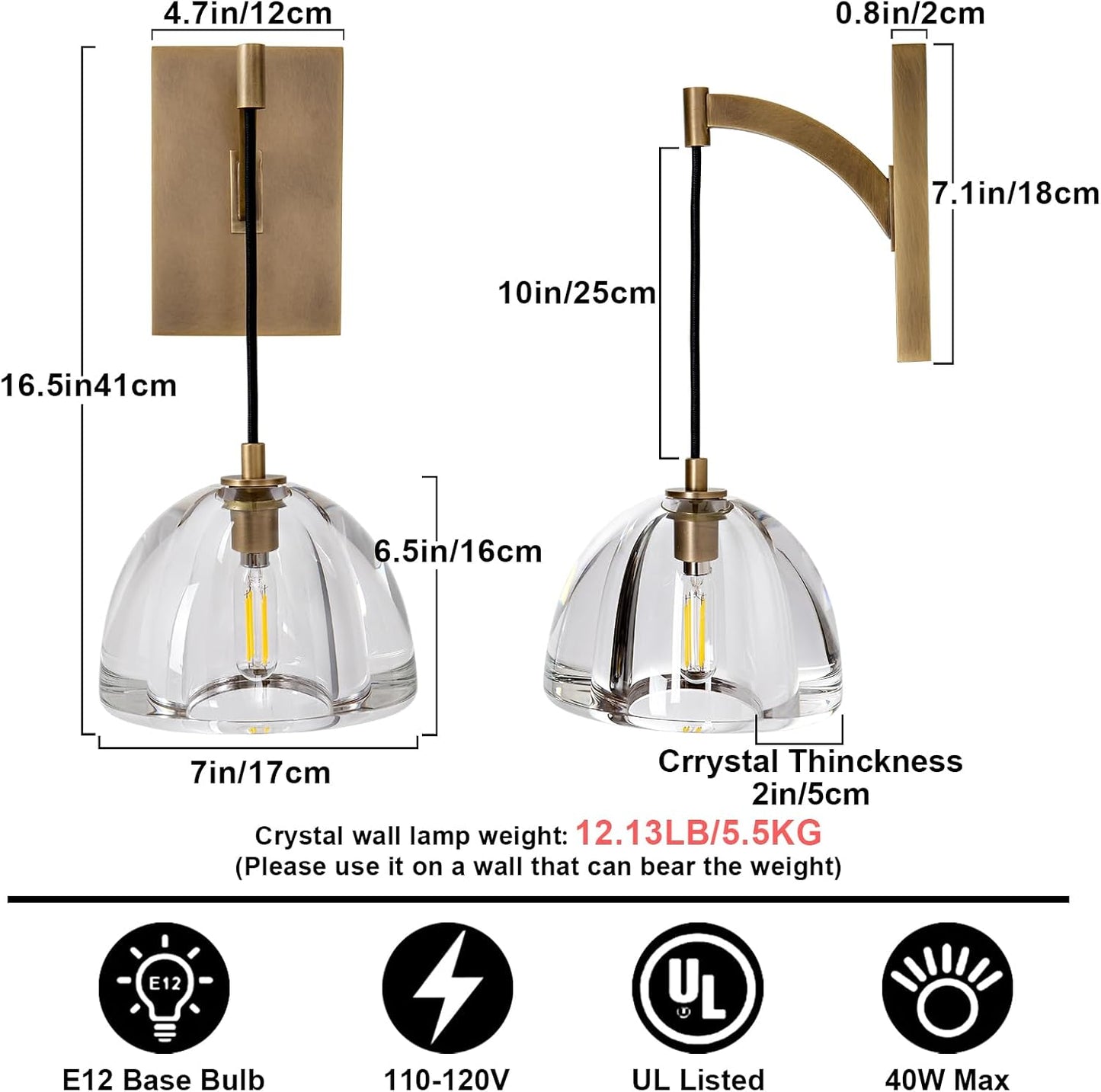 7 in. Modern 1-Lights Gold Vanity Light with Luxury Crystal Shade (Set of 1)