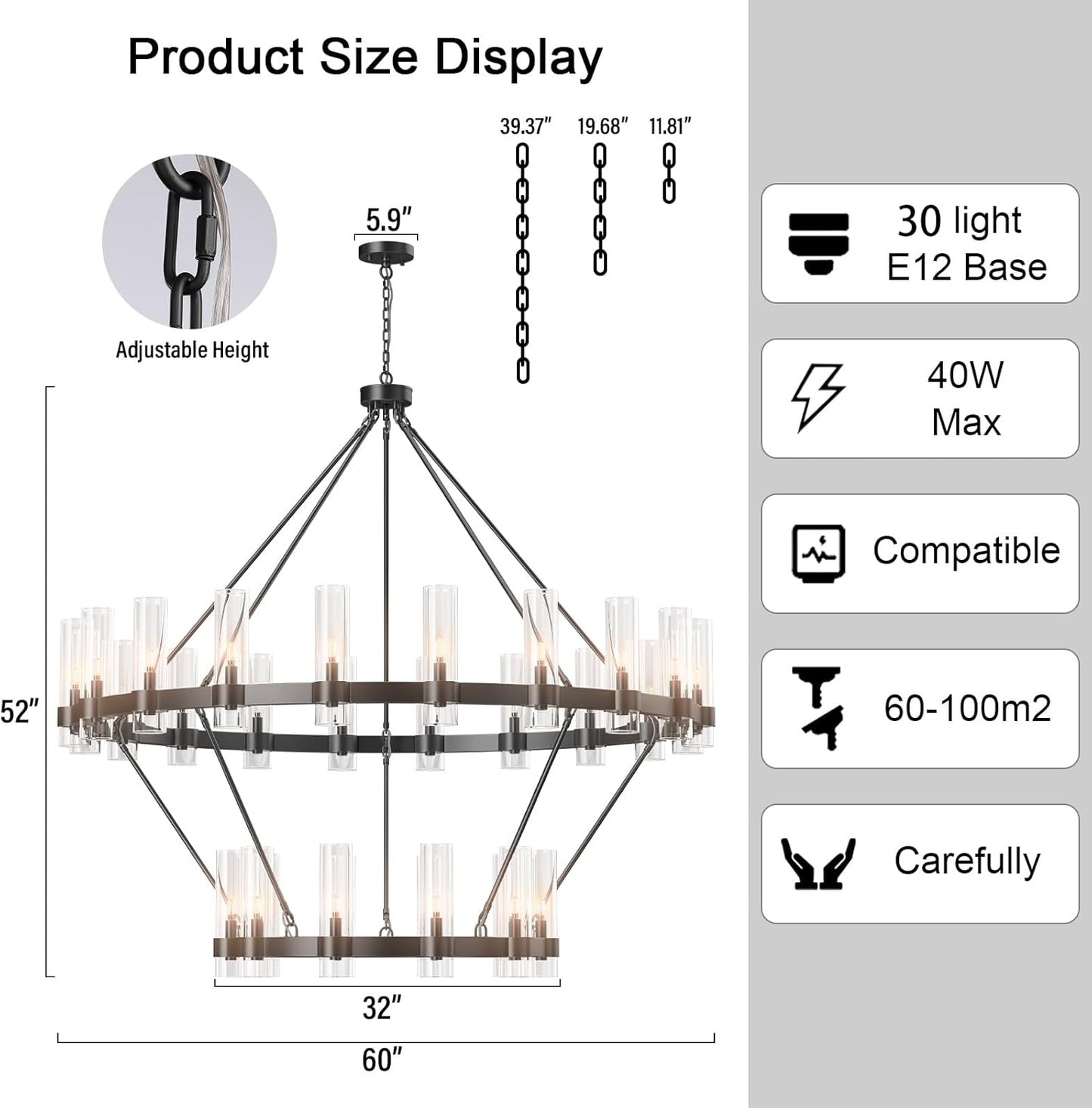 Farmhouse Chandelier 60 in. 30-Light Black Wagon Wheel Chandelier for Dining Room, Foyer, Living Room, Staircase