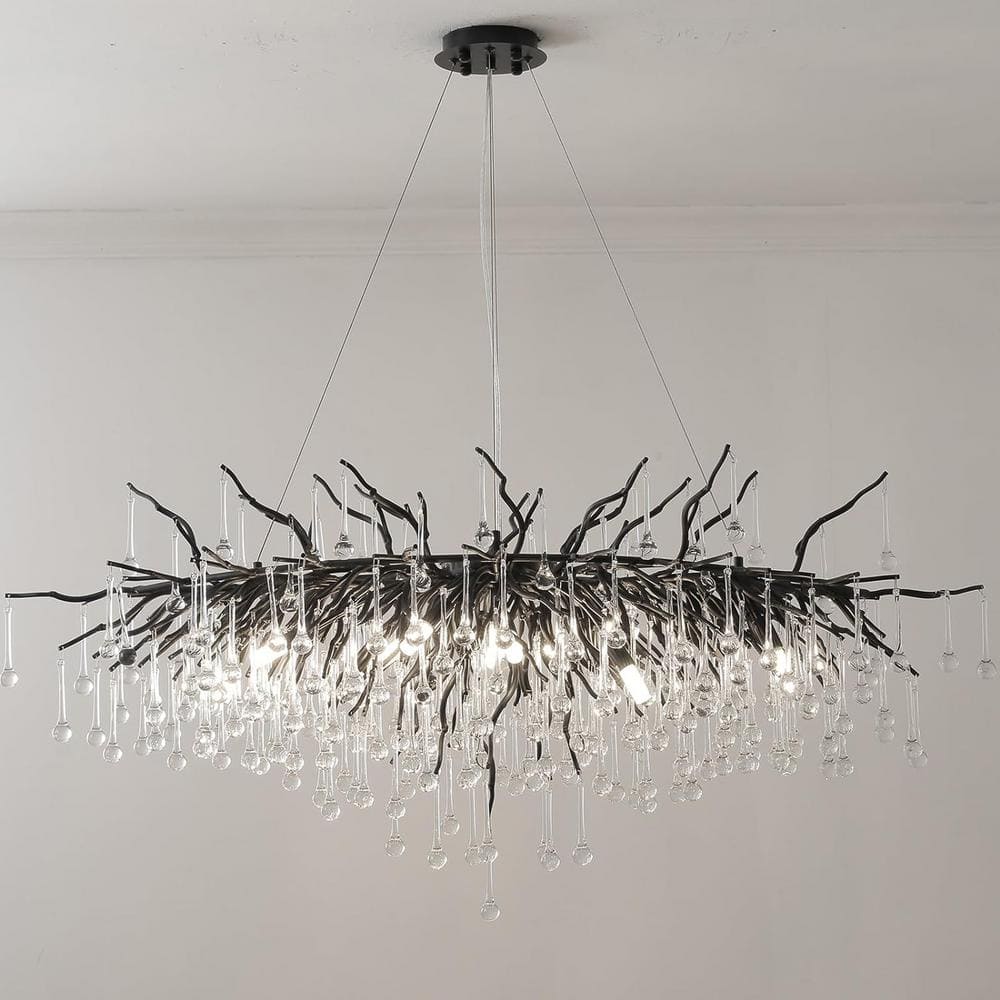 Modern Chandelier 47 in. 13-Lights Black Luxury Crystal Globe Linear Chandelier for Dining Room, Kitchen Island, Foyer