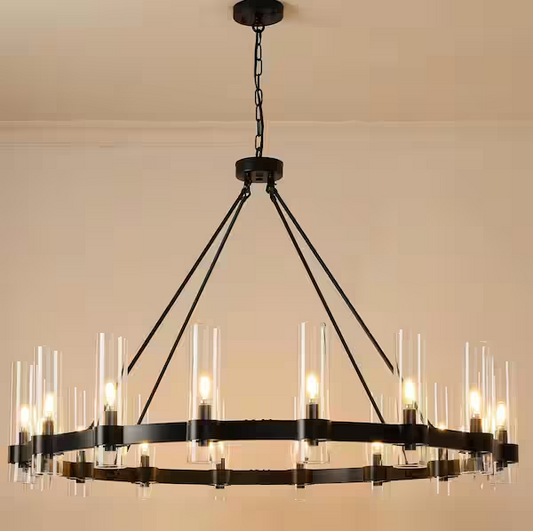 Farmhouse Chandelier 48 in. 16-Light Black Wagon Wheel Chandelier for Dinning Room, Kitchen Island, Foyer, Bedroom