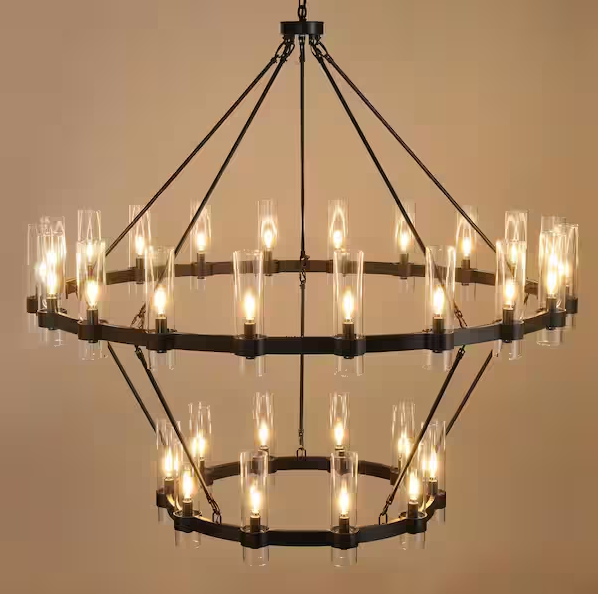 Farmhouse Chandelier 60 in. 30-Light Black Wagon Wheel Chandelier for Dinning Room, Foyer, Living Room, Staircase